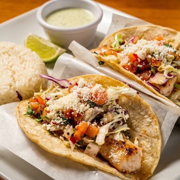 Two fish tacos with rice, lime, and a side of green sauce on a white plate.