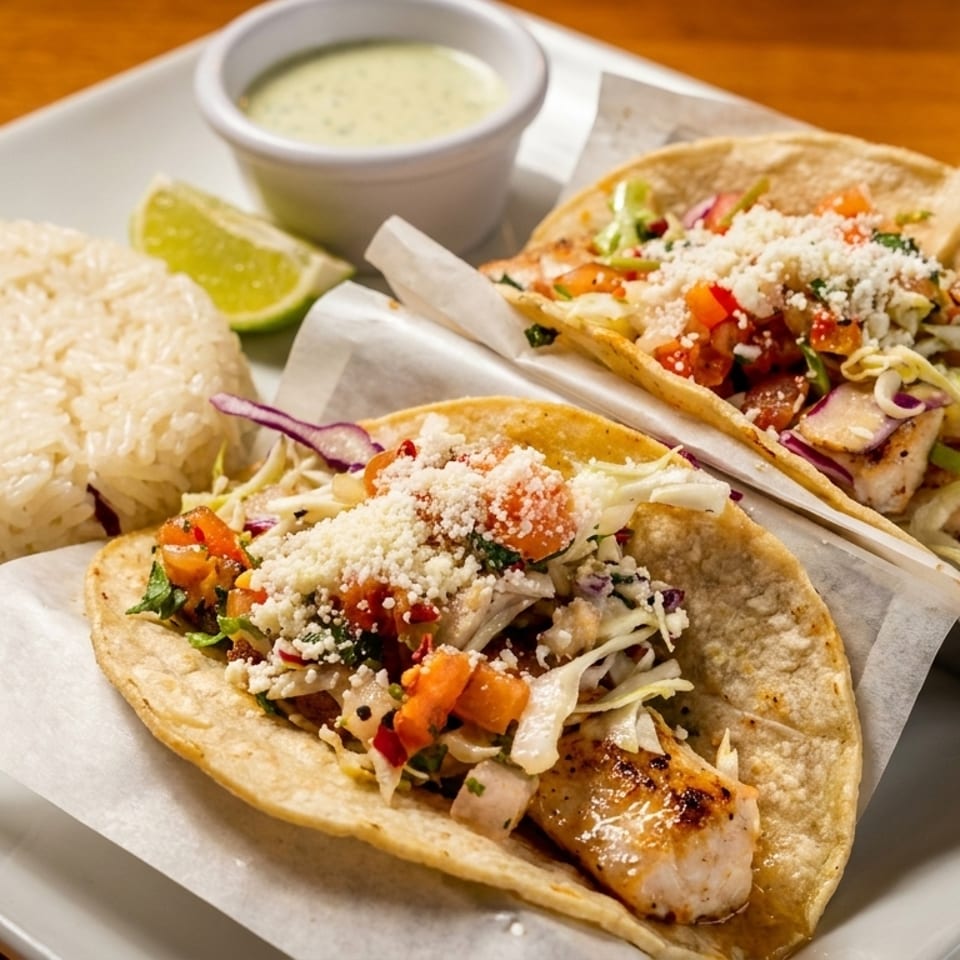 Two fish tacos with rice, lime, and a side of green sauce on a white plate.