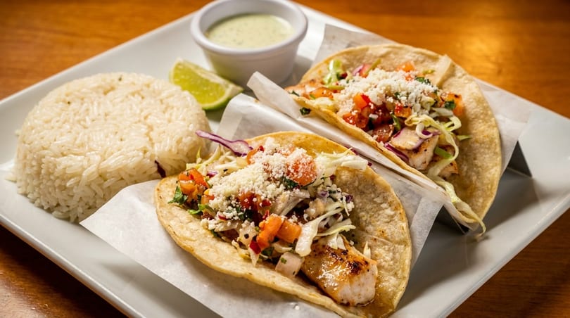 Two fish tacos with rice, lime, and a side of green sauce on a white plate.