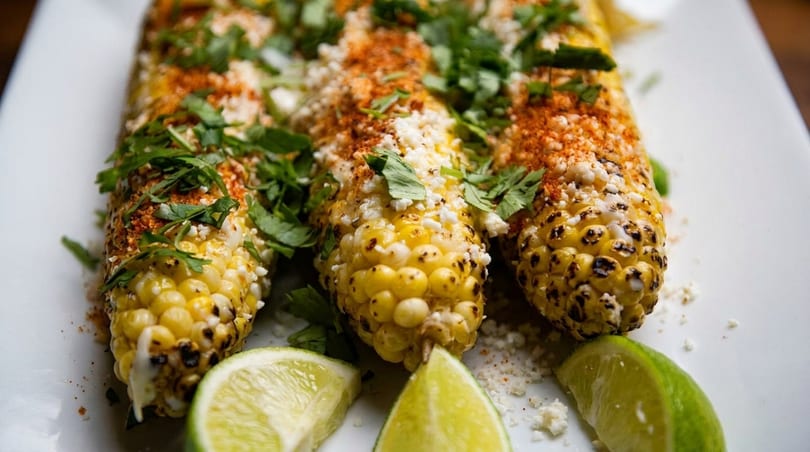 Three grilled elotes, Mexican street corn, topped with cheese, chili powder, cilantro, and lime wedges.