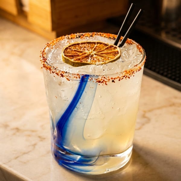 A margarita in a blue-swirled glass, garnished with a dried lime and chili salt rim, on a marble bar.