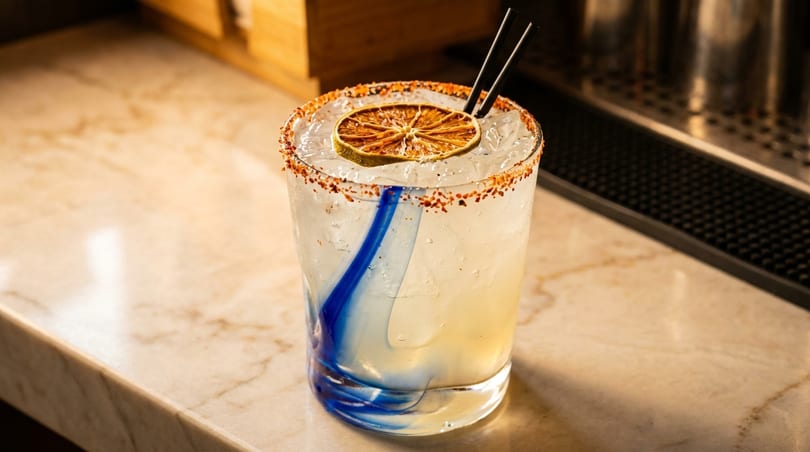 A margarita in a blue-swirled glass, garnished with a dried lime and chili salt rim, on a marble bar.