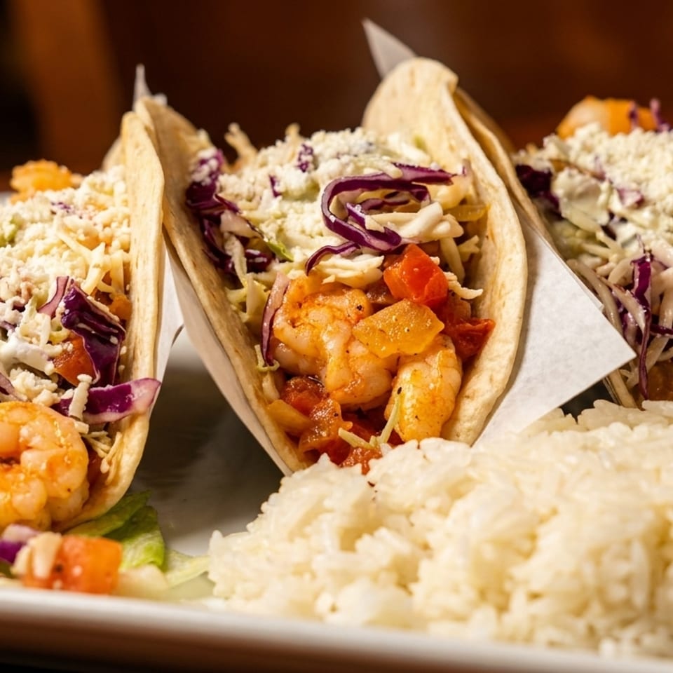 Three shrimp tacos with cabbage, cheese, and tomatoes, served with a side of white rice.